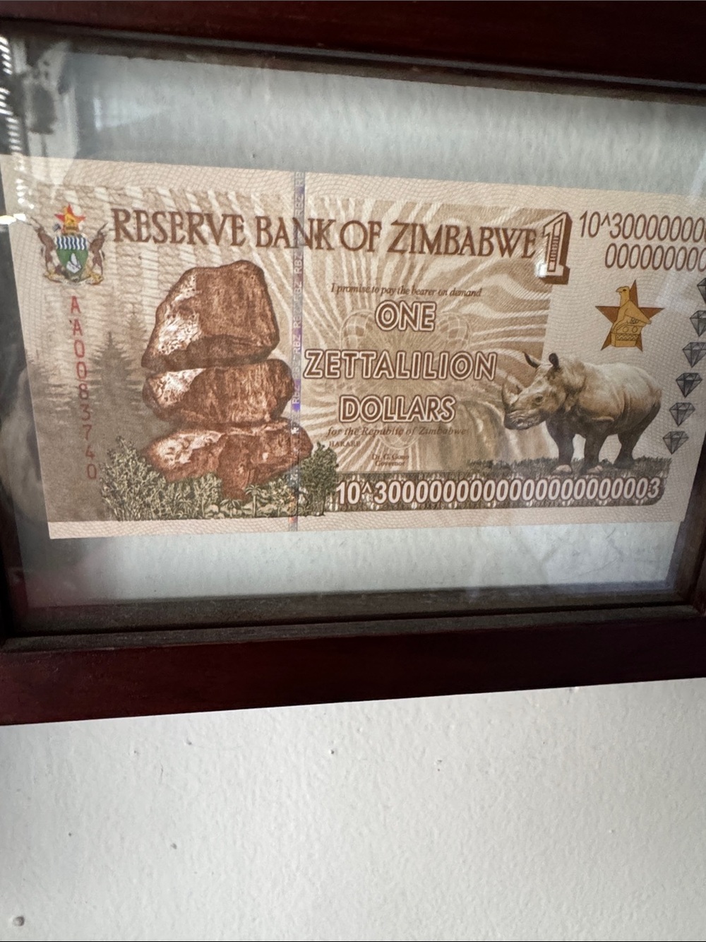 Zimbabwe Reserve One Yottatatilion Dollar Note (largest denomination printed).